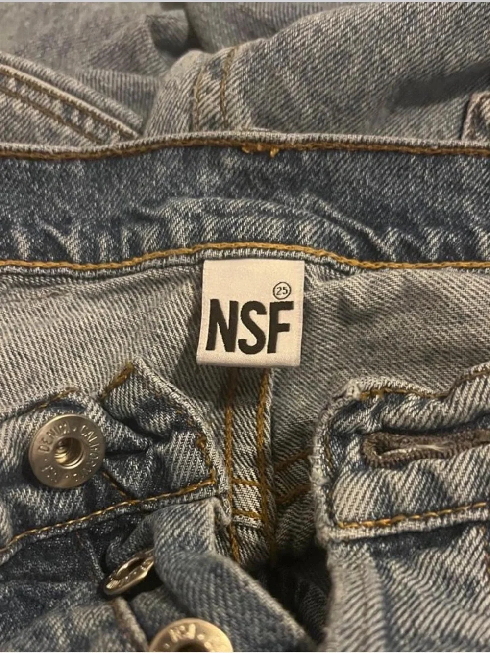 NSF Light Blue Denim long Shorts with button fly closure